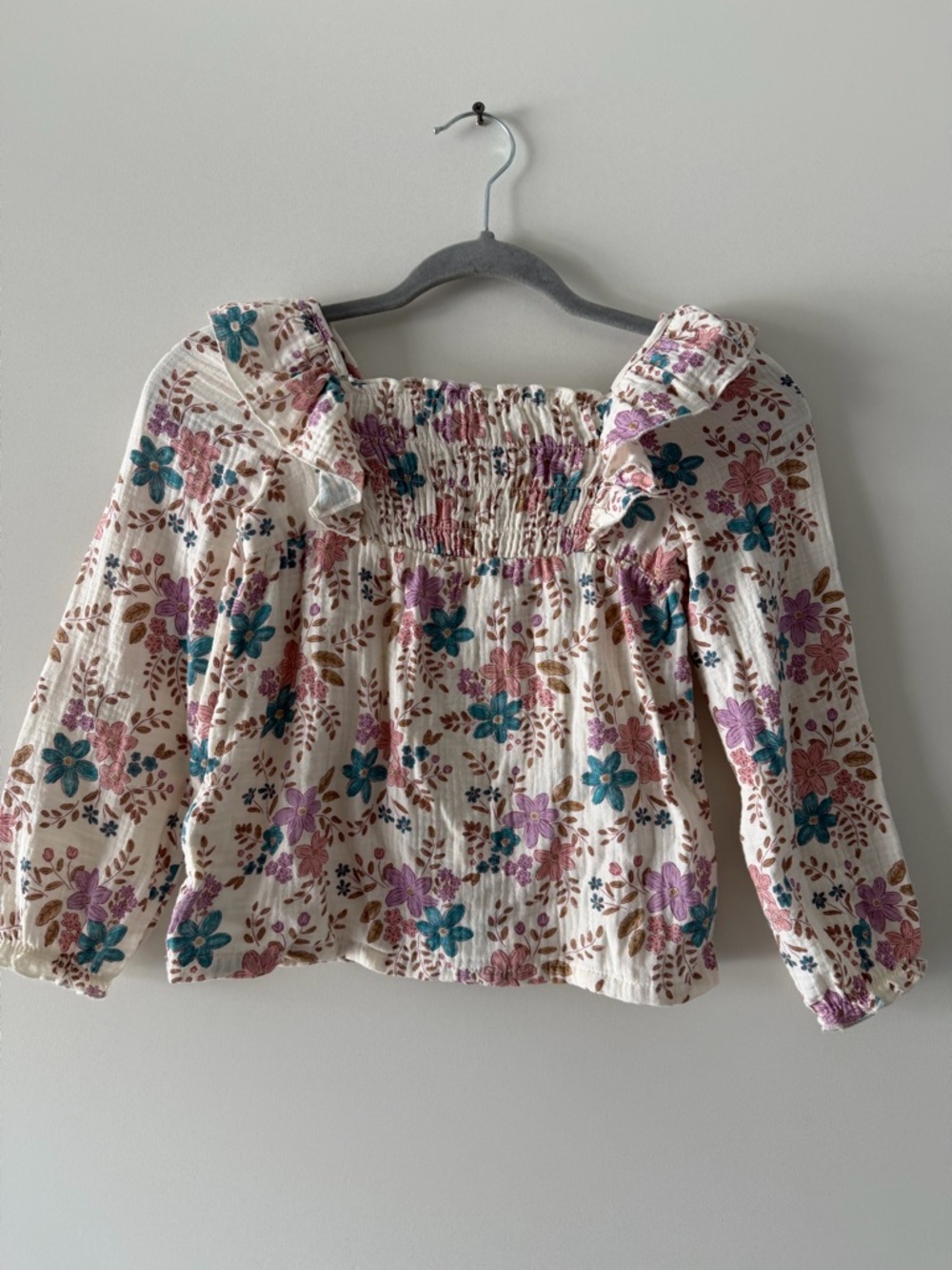 Carter's Cream Floral Smocked Ruffle Blouse with Teal & Mauve Flowers